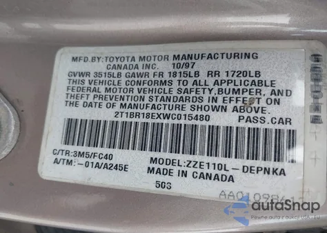 1998 Toyota Corolla Le from USA, damaged, VIN 2T1BR18EXWC015480